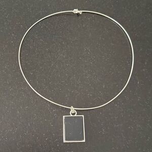 Black Pendant on Silver-Tone Omega Wire Choker – Faux Onyx Necklace 18”